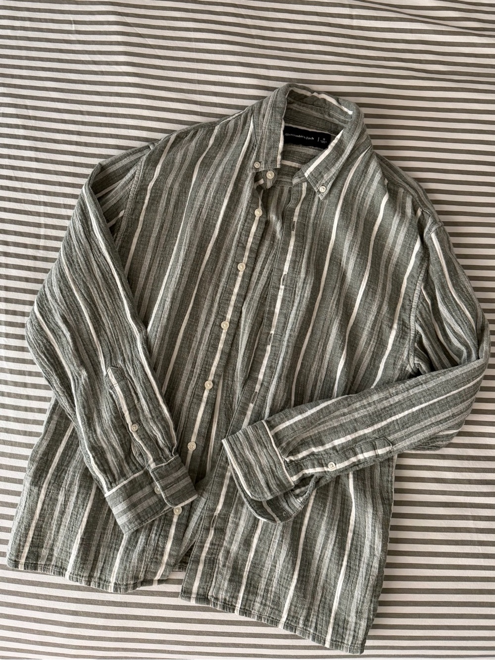 Abercrombie & Fitch Green and White Striped Button-Down Shirt
